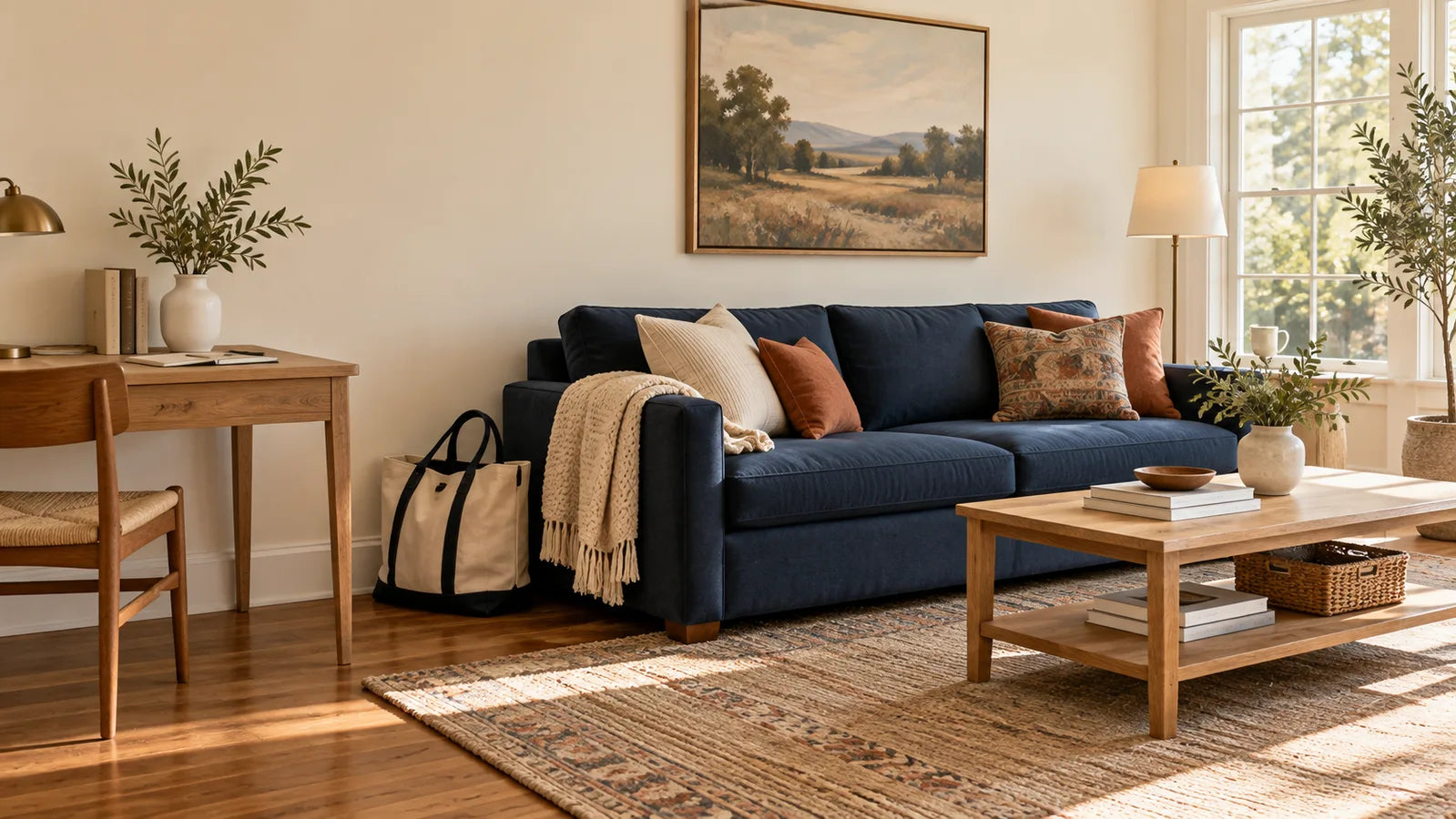 An American-inspired living room with warm wood tones and layered textiles