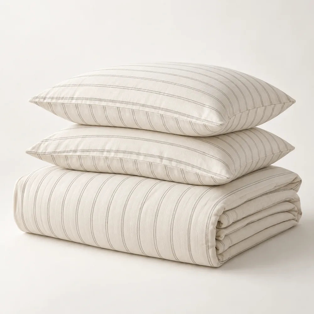 Ivory and warm-gray striped bedding concept