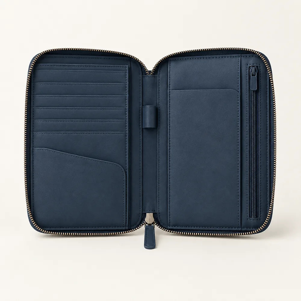 Deep navy travel document wallet concept