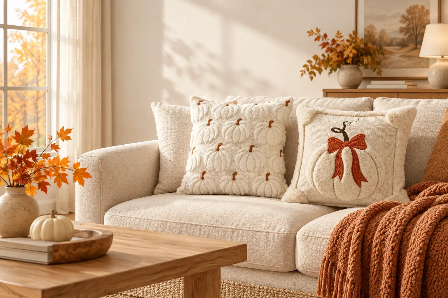 Pumpkin pillow covers, rust-colored layers and autumn branches in a welcoming living room
