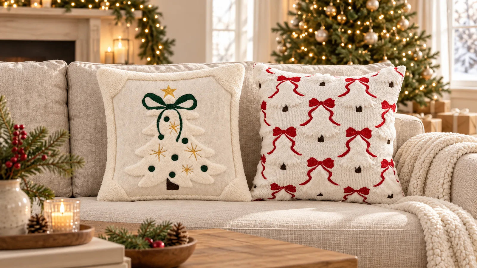 Christmas tree and red bow pillow covers beside a glowing Christmas tree and holiday mantel